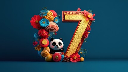 3D number seven surrounded by colorful flowers and a panda, festive design.