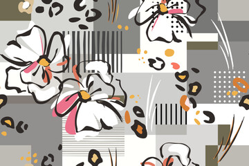 Collage of botanical and geometric backgrounds. Abstract flowers, leopard skin spots, squares, triangles, stripes, dots. Seamless pattern of summer floral design