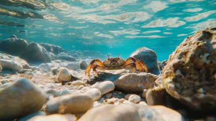 Obraz premium Underwater Scene with Crab on Rocky Ocean Floor Among Stones