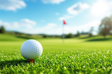Obraz premium Golf ball on tee on a vibrant green golf course, sunny sky above, blurred red flag in background, close-up view. Concept of sports precision. Ai generative