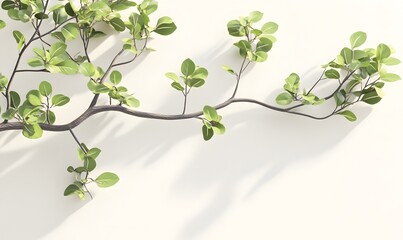 Obraz premium Branch with green leaves casting shadows on white background.