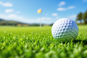 Obraz premium Golf ball on vibrant green grass in focus, bright sunny day, blue sky, blurred flag in background, concept of golf, outdoors, sports, leisure. Ai generative