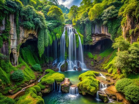 Discover Mayei's hidden waterfall: stunning cave photography captures its lush greenery, subterranean river, and dramatic lighting.