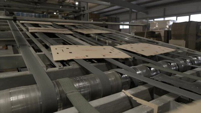 Conveyor moves flat cardboard material in factory workshop. Equipment moves formed product to next stage of processing to create paper bag