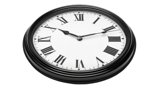 Classic black wall clock with Roman numerals, showcasing the passage of time against a transparent background.