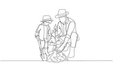 Continuous one line drawing of father and son planting tree together, learning to garden, planting tree to save the world concept, single line art