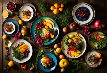 colorful vibrant plates overflowing seasonal fresh ingredients showcasing bounty culinary design, vegetables, fruits, herbs, arrangement, display, gourmet