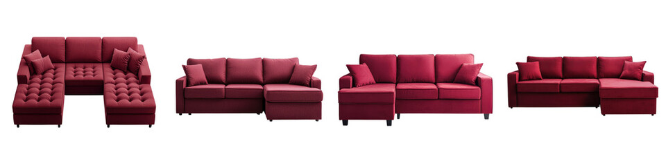 Fototapeta premium Luxurious red leather and velvet upholstered sectional sofa with chaise lounge in an elegant and sophisticated contemporary living room interior design