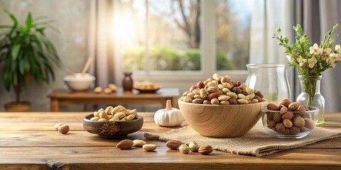A sunlit wooden table displays various nuts in bowls, showcasing a healthy and nutritious snack option for a cozy home setting.