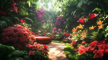Obraz premium Blooming garden pathway tropical oasis nature scene serene setting