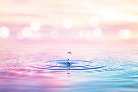 Delicate water droplet splashes into a calm surface, creating ripples and a serene reflection with soft pastel hues. 