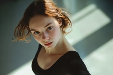 Fototapeta premium Young dancer poses gracefully in soft natural light indoors