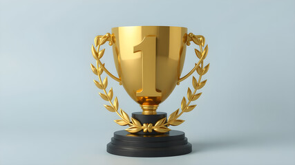 gold trophy with number 1 isolated on a grey backgropund.Gold champion trophy on wooden stand standing on white surface over white background. Concept of leadership in business and sport. 3d render