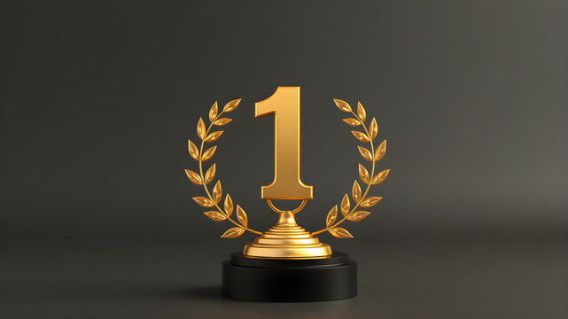 gold trophy with number 1 isolated on a grey backgropund.Gold champion trophy on wooden stand standing on white surface over white background. Concept of leadership in business and sport. 3d render
