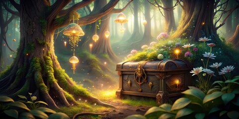 Enchanted Forest Treasure Chest A Mystical Scene of Luminescent Flora and a Wooden Chest