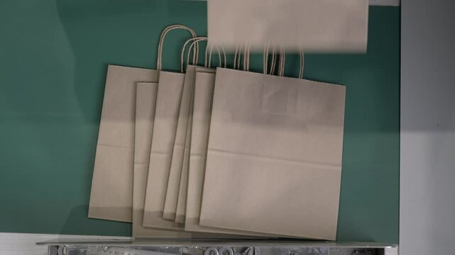 Mechanism folds finished paper shopping bags onto moving conveyor. Equipment delivers finished products to work area for storage and distribution