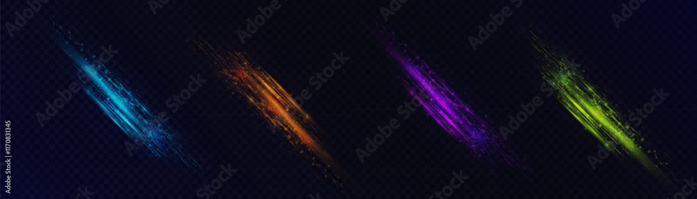 Poster set of abstract vertical light effects of bright chaotic lines (gold, purple, blue, green) of light 