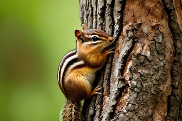 Obraz premium A Vibrant Chipmunk Clings to a Textured Tree Trunk, Surrounded by Lush Greenery in a Serene Natural Setting