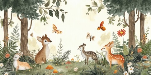 Watercolor Painting of Fawn Deer in a Forest Setting