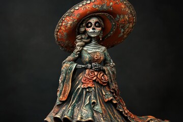 Obraz premium Elegant catrina doll wearing sombrero and traditional dress posing with roses