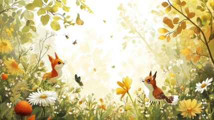 Two Adorable Squirrels Meet In A Sunny Meadow
