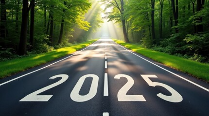 Winding Asphalt Road Leads to the Future With Bold 2025 Painted Ahead