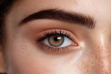 Obraz premium Close-up of beautiful eye with makeup and freckles showing health and beauty