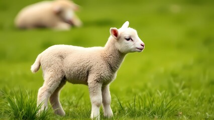 A Fluffy Newborn Lamb Stands in a Vibrant Green Meadow, Embodying Innocence and Tranquility in a Pastoral Setting