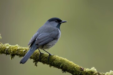 Obraz premium Close-up of a Gray Catbird Resting on a Lichen-Covered Branch, With Blurred Foliage Creating a Tranquil Background