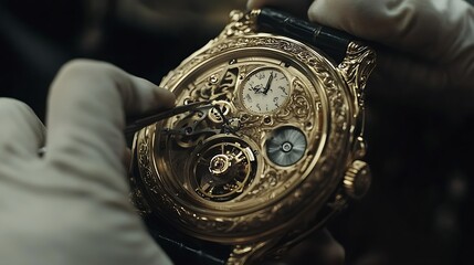 Close-up of gloved hands meticulously repairing an intricate gold pocket watch with tweezers.