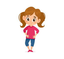 A smiling little girl character standing with her hands on her hips. Cute and friendly vector cartoon girl character with brown hair in pigtails isolated on white background. Flat style kid.