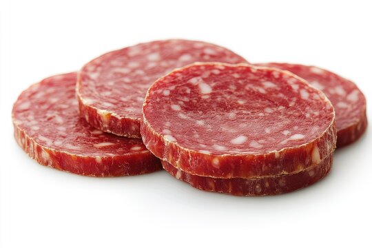 Slices of salami creating delicious composition on white background