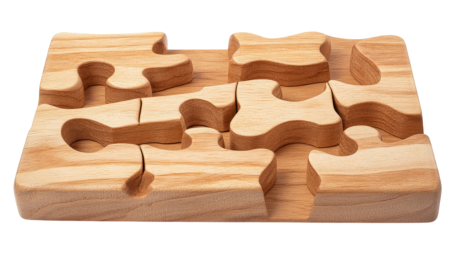 Wooden puzzle pieces arranged neatly on a light wooden surface, highlighting their unique shapes and natural grain texture.