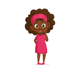 Cute cartoon black girl character in a pink dress vector illustration. Friendly flat style character isolated on white background for children's content, animations, education, sport