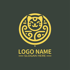 Golden Chinese Cat Logo Design, Oriental Lucky Cat Logo, Feng Shui Cat Logo, Chinese New Year Cat Logo, Pet Charm Logo - Jika logo