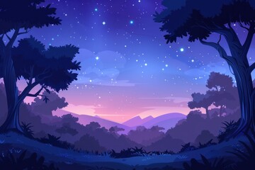 Silhouette of Trees and Mountains Under a Starry Sky