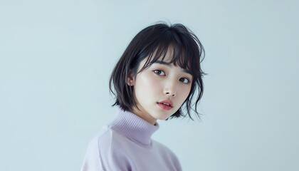 Fototapeta premium Serene Woman with Short Bob Hairstyle, Lavender Sweater, Soft Lighting