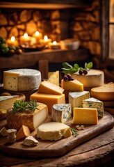 vibrant display diverse cheeses rich textures set artistic background, variety, color, dairy, platter, slice, wheel, block, fresh, aged, smooth, nutty