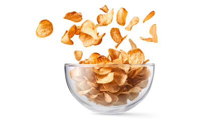 Potato chips falling into glass bowl isolated on white background with clipping path, flying potato crisps