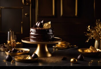 Fototapeta premium luxurious dark chocolate dripping from decadent dessert showcasing silky texture rich flavor gourmet ingredients, cream, syrup, ganache, decadence, richness