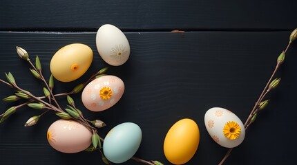 stock photo overhead view of a pastel Easter still life. Colorful decorated eggs and willow branches on a dark wooden background. 