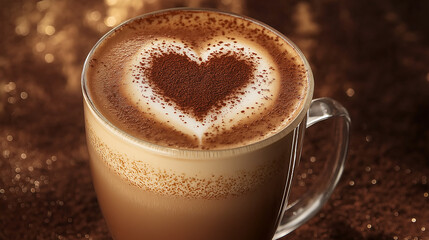 Close-up shot of heart shape latte art in glass cup.