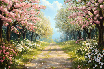 Painted landscape of a picturesque path lined with cherry blossom and flowering trees