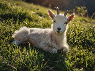 Happy Goat Snooze: A baby goat lying on a grassy hill, smiling in its sleep under the sun.