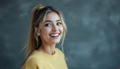 Fototapeta premium Smiling Woman: Joyful Portrait in Warm Yellow Sweater