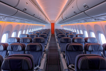 Empty airplane cabin with blue and purple seats, illuminated by orange lights.