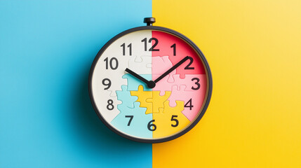 Clock with puzzle pieces on blue yellow background, teamwork  time management business deadline  concept