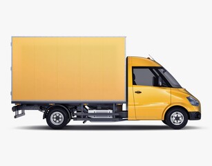 Bright yellow delivery truck parked on white background