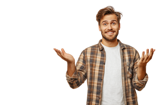 Businessman in casual shirt posing hand up One hand open