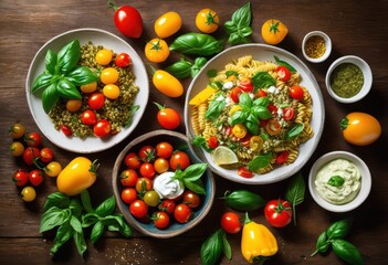 colorful vibrant flat lay displaying assortment fresh ingredients various dishes culinary inspiration, arrangement, aesthetics, artistry, bakery